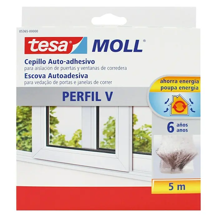 Tesa INSULATION Cepillo Auto-adhesivo ventanas - Gris, 5 m x 5 mm, Apto para: Puertas de balcones - Burlete de cepillo auto-adhesivo Tesa Moll para aislar puertas y ventanas, perfil V, duración 6 años, 5 metros.