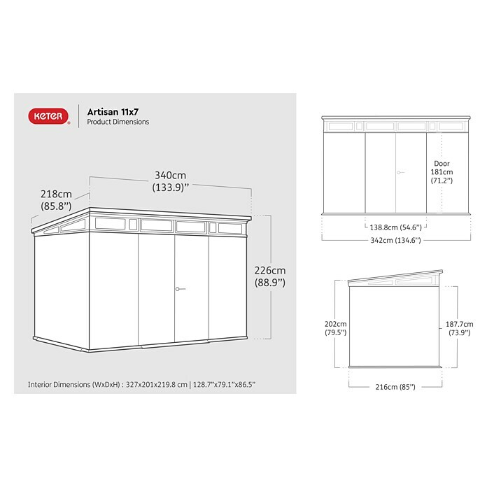 Keter Gerätehaus Artisan 11x7218 x 340 cm, Kunststoff, Grau/Schwarz Sketch