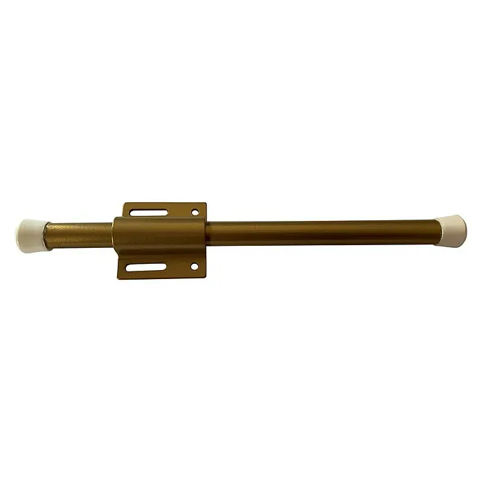 Suki Soporte para perchas de ropa - Largo: 155 mm - Un tope de puerta dorado con un extremo de goma blanca, colocado sobre un fondo negro.