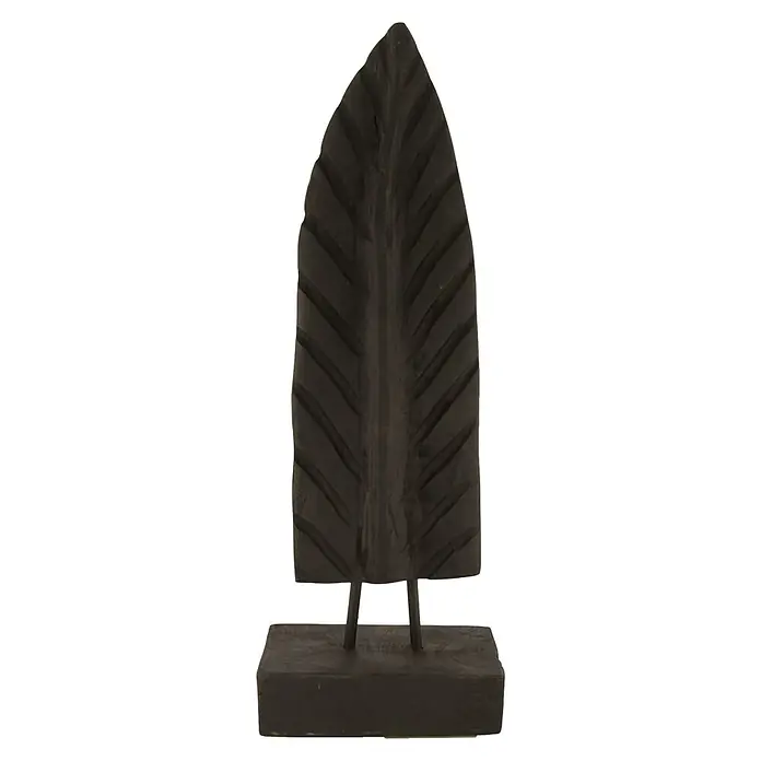 Dekofigur Blatt Teakholz - L x B x H: 12 x 18 x 48 cm, Schwarz, Holz - Eine stilisierte, schwarze Holzskulptur in Blattform auf einem Sockel, die ein modernes, minimalistisches Design zeigt.