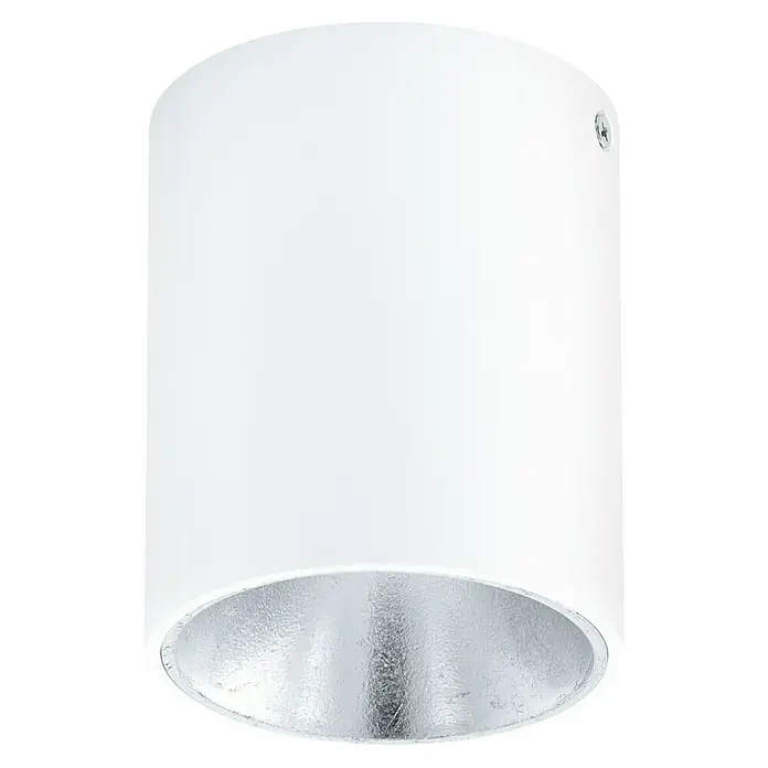 Eglo LED-Deckenleuchte rund POLASSO - 3,3 W, Ø x H: 100 mm x 120 cm, Weiß/Silber, Warmweiß - Nahaufnahme einer weißen, zylindrischen Deckenleuchte mit silberner Innenseite. Das schlichte Design betont die moderne Ästhetik der Leuchte.