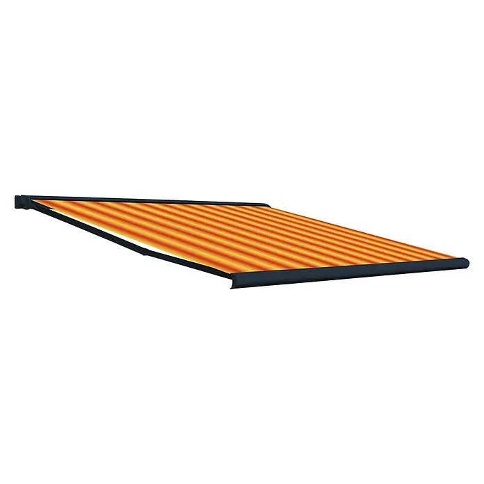 Deyo Limassol Vollkassettenmarkise - Orange/Gelb, Farbe Gestell: Anthrazitgrau Feinstruktur, Breite: 4 m, Ausfall: 3,5 m - Sonnenschutzmarkise mit orangen Streifen und dunkelgrauem Gestell, ideal für sonnige Terrassen und Balkone.