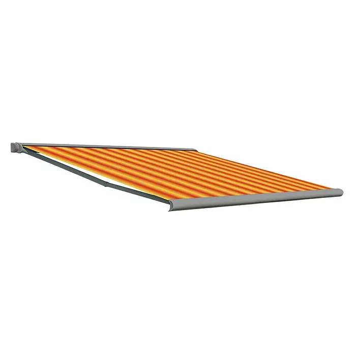 Deyo Limassol Vollkassettenmarkise - Orange/Gelb, Farbe Gestell: Weißaluminium Feinstruktur, Breite: 3,5 m, Ausfall: 3 m - Markise mit orange-gelben Streifen. Eine moderne Markise für den Sonnenschutz auf Terrasse oder Balkon mit hochwertigem Stoff und stabilem Rahmen.