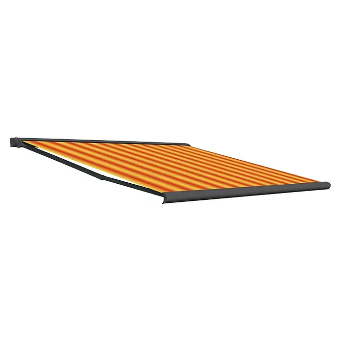 Deyo Limassol Vollkassettenmarkise - Orange/Gelb, Farbe Gestell: Eisenglimmer matt, Breite: 4 m, Ausfall: 3,5 m - Markise mit orange-gelben Streifen. Diese bietet Schutz vor Sonne und verleiht der Terrasse oder dem Balkon einen modernen Look.