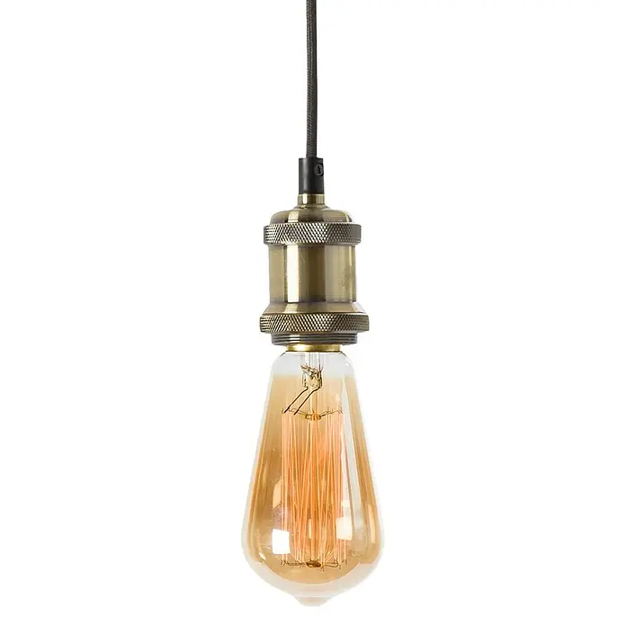 Schuller Lámpara colgante Cuero - 40 W, L x An x Al: 5 x 5 x 96 cm, Oro, E27 - Primer plano de una bombilla Edison colgante con un casquillo vintage de bronce y un cable negro.