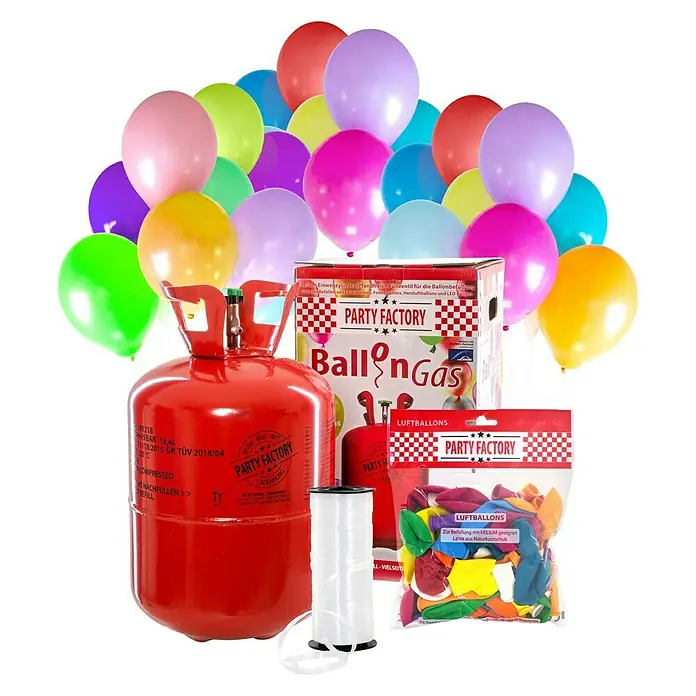 Party Factory Ballongas Helium inkl. 50 Ballons und 100 m Ballonschnur - 0,4 m³, Passend für: 50 Ballons - Heliumballon-Set von Party Factory mit bunten Ballons, Heliumflasche und Zubehör für Geburtstage und Partys.