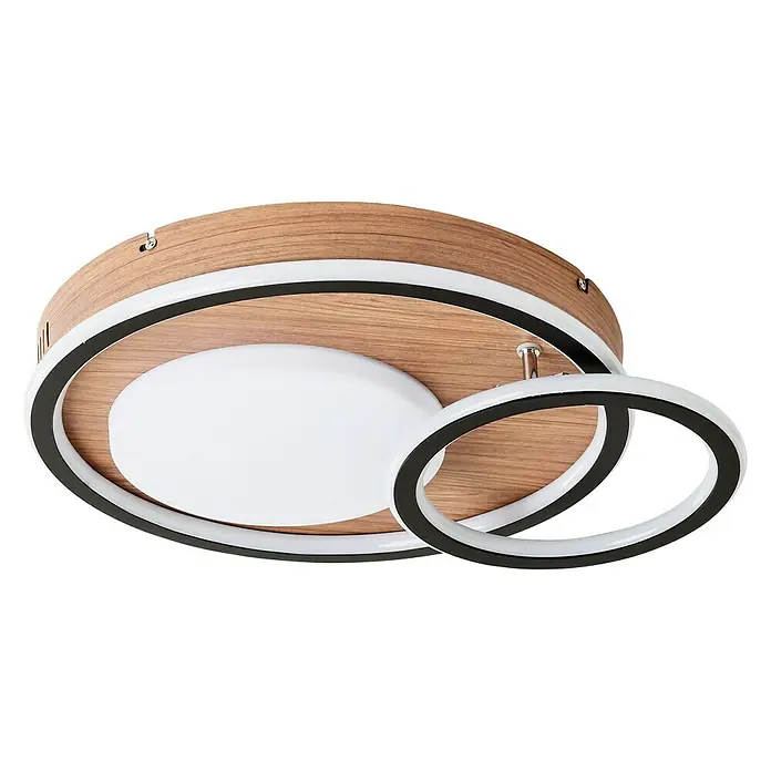 Brilliant LED-Deckenleuchte Karney - 48 W, L x B x H: 57 x 39,4 x 8 cm, Braun, Warmweiß - Moderne Deckenleuchte mit Holzstruktur, weißen und schwarzen Ringen für stilvolle Beleuchtung im Raum.