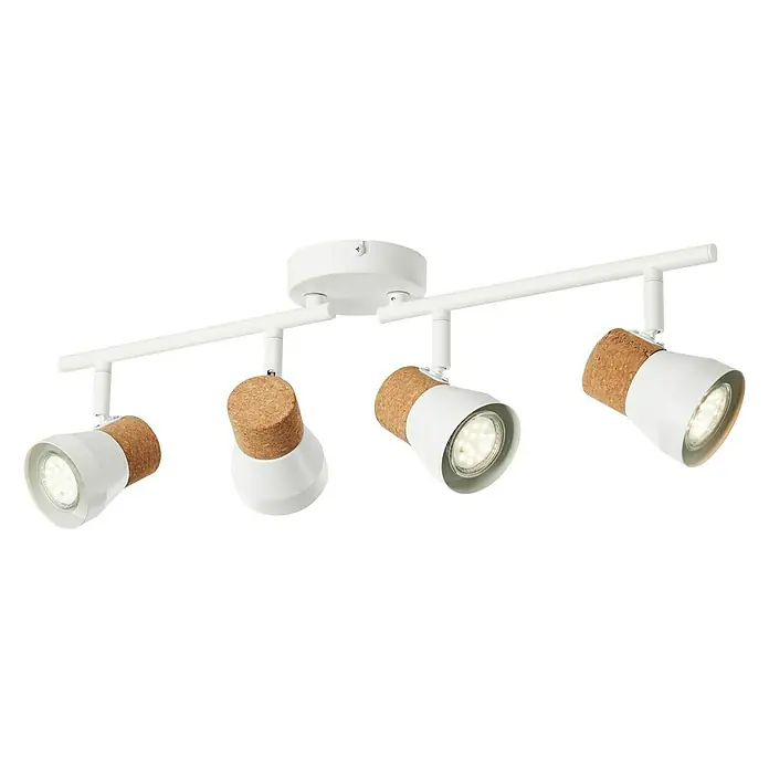 Brilliant Moka Wandstrahler - 10 W, L x B x H: 61 x 10 x 16,5 cm, Weiß, GU10, 4 Stk. - Weiße Deckenleuchte mit vier Strahlern und Korkdetails, die eine stilvolle und moderne Beleuchtungslösung für jeden Raum bietet.