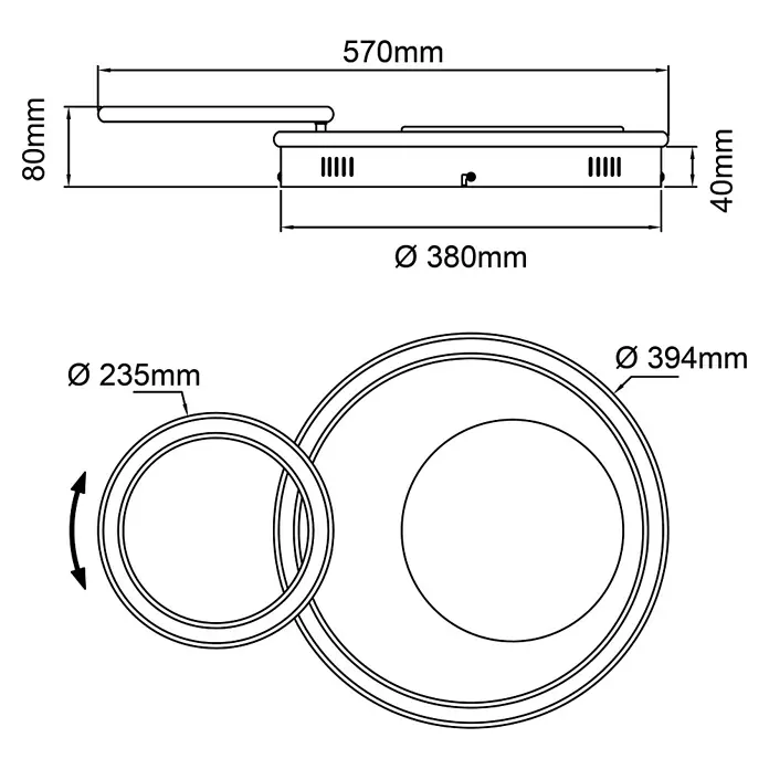 Brilliant LED-Deckenleuchte Karney - 48 W, L x B x H: 57 x 39,4 x 8 cm, Braun, Warmweiß - Schema der LED-Deckenleuchte mit verstellbarem Arm und den Massen: 570x80x40mm und Ø235/380/394mm für die Ringe.