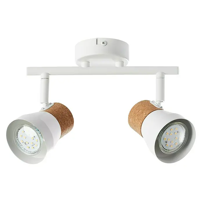 Brilliant Moka Wandstrahler - 10 W, L x B x H: 30 x 8 x 16 cm, Weiß, GU10, 2 Stk. - Nahaufnahme einer modernen, weißen Doppelstrahler-Deckenleuchte mit Korkdetails.