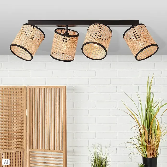 Brilliant Wiley Deckenstrahler - 42 W, L x B x H: 13 x 67 x 21 cm, Schwarz, E14, 4 Stk. - Die stilvolle Deckenleuchte mit vier Rattan-Lampenschirmen und schwarzem Rahmen sorgt für eine gemütliche Atmosphäre.