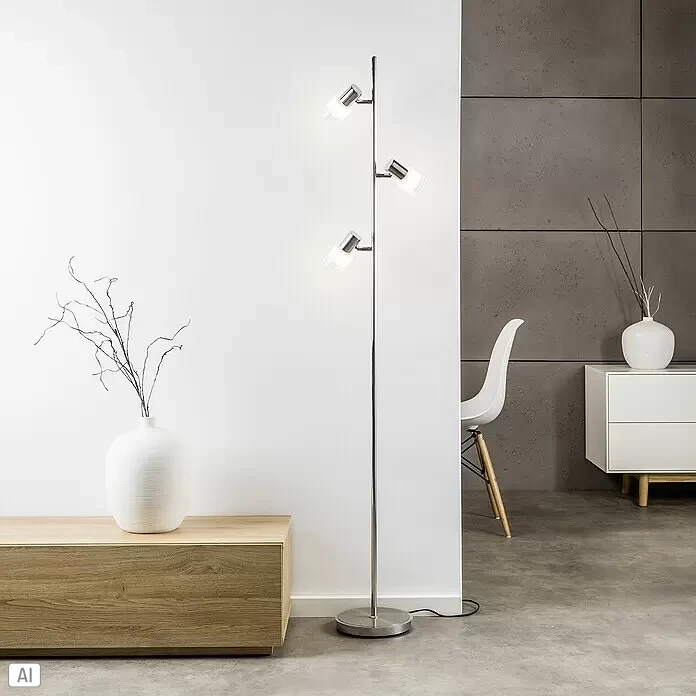 Brilliant Lea Stehleuchte - 4 W, Höhe: 157,5 cm, Eisen/Chrom, E14 - Moderne silberne Stehleuchte mit drei verstellbaren Strahlern beleuchtet einen modernen Raum.