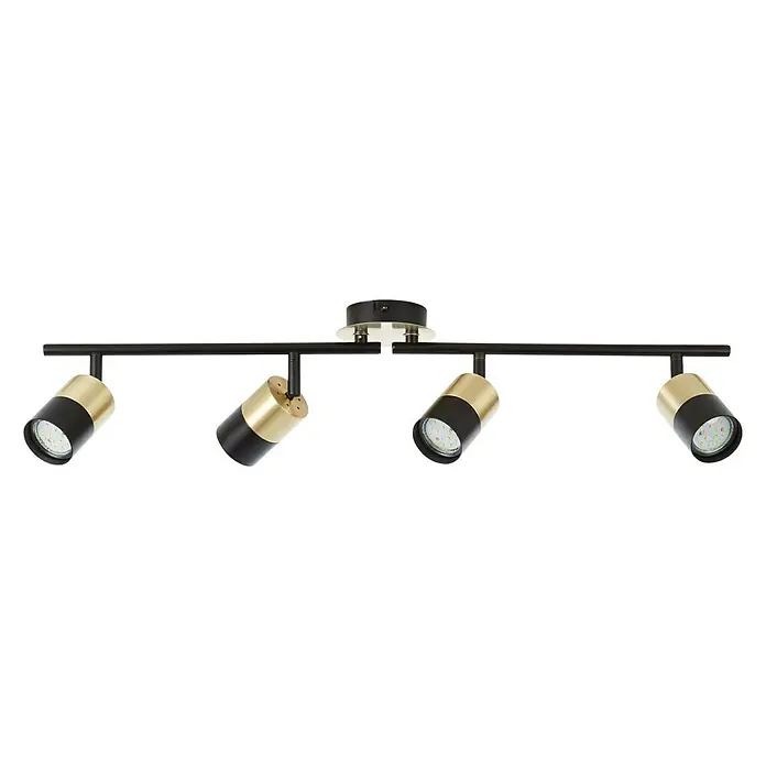 Brilliant Maribel Deckenstrahler - 5 W, L x B x H: 18 x 76,5 x 16,8 cm, Messing-gebürstet/Schwarz, GU10, 4 Stk. - Eine elegante, schwarze Deckenleuchte mit vier schwenkbaren, goldfarben akzentuierten Strahlern, ideal für moderne Wohnräume.