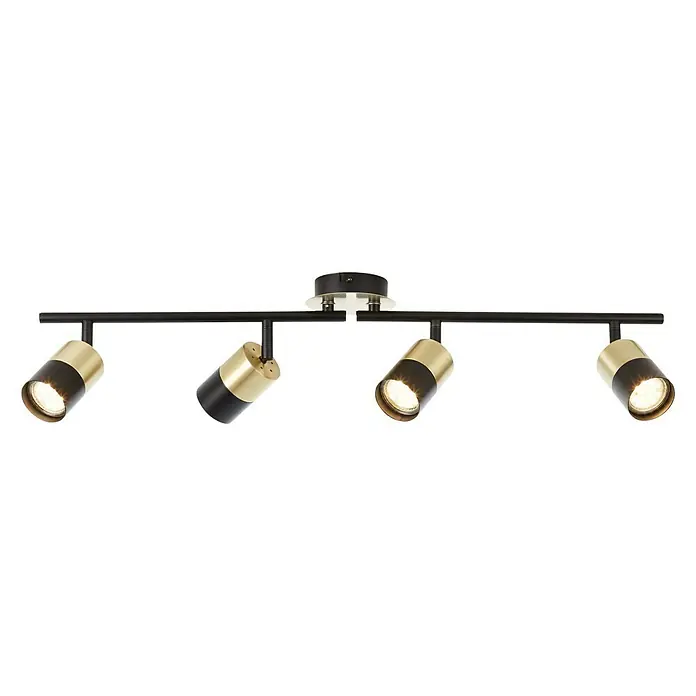 Brilliant Maribel Deckenstrahler - 5 W, L x B x H: 18 x 76,5 x 16,8 cm, Messing-gebürstet/Schwarz, GU10, 4 Stk. - Schwarze Schienenleuchte mit vier Strahlern in Schwarz und Gold. Ideal für modernes Wohnambiente und gezielte Beleuchtung.