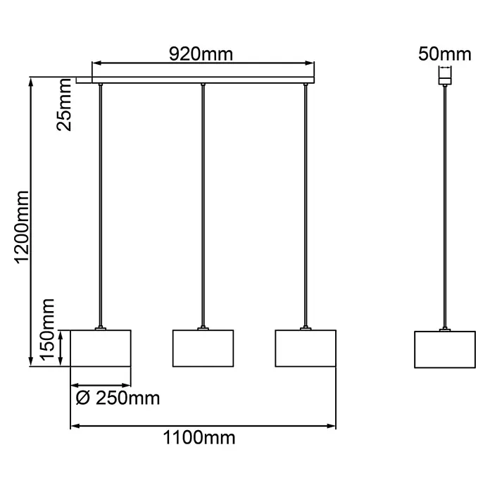Brilliant Wiley Pendelleuchte - 52 W, L x B x H: 25 x 110 x 120 cm, Schwarz, E27 - Schemazeichnung einer Pendelleuchte mit drei quadratischen Schirmen, Maße der Leuchte sind angegeben.