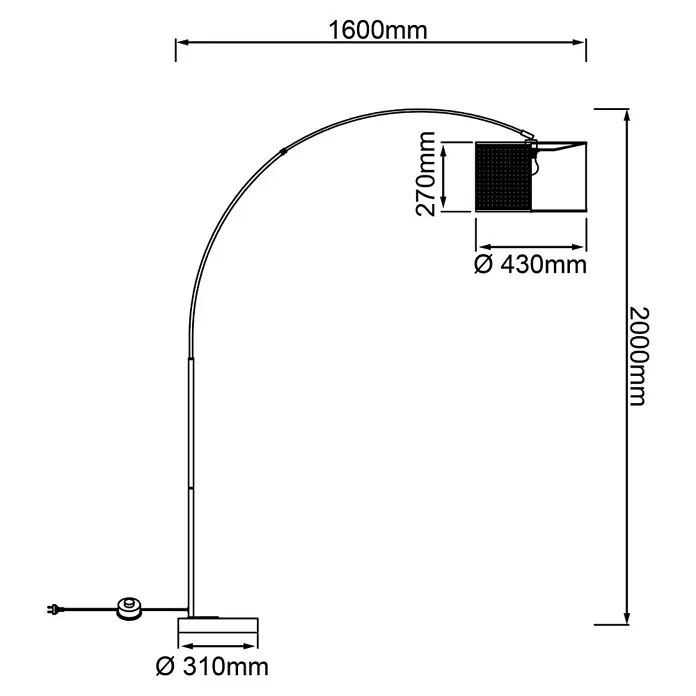 Brilliant Wiley Stehleuchte - 42 W, Höhe: 200 cm, Schwarz, E27 - Abbildung einer Bogenlampe mit den Maßen 1600mm Breite, 2000mm Höhe und einem Lampenschirm von 430mm Durchmesser.