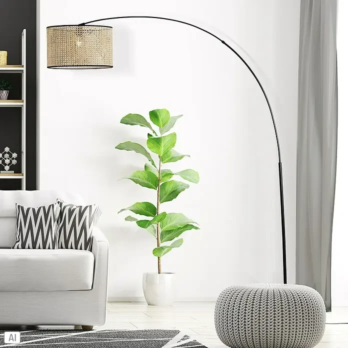 Brilliant Wiley Stehleuchte - 42 W, Höhe: 200 cm, Schwarz, E27 - Elegante Stehlampe mit einem gebogenen schwarzen Metallrahmen und einem geflochtenen Lampenschirm, die eine gemütliche Atmosphäre schafft.