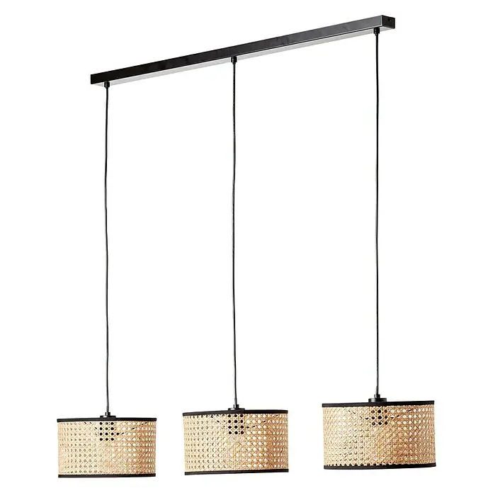 Brilliant Wiley Pendelleuchte - 52 W, L x B x H: 25 x 110 x 120 cm, Schwarz, E27 - Elegante Pendelleuchte mit drei Lampenschirmen aus Rattan und schwarzen Akzenten, perfekt für stilvolle Innenräume.