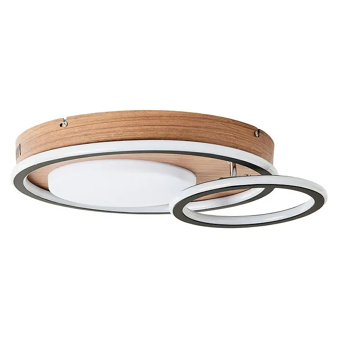 Brilliant LED-Deckenleuchte Karney - 48 W, L x B x H: 57 x 39,4 x 8 cm, Braun, Warmweiß - Moderne Deckenleuchte mit Holzoptik und LED-Ringen für eine stilvolle Beleuchtung.