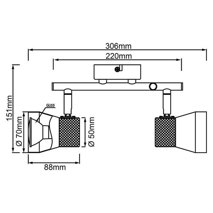 Brilliant Moka Wandstrahler - 10 W, L x B x H: 30 x 8 x 16 cm, Weiß, GU10, 2 Stk. - Technische Zeichnung einer modernen 2-flammigen Deckenleuchte mit Maßen, perfekt für stilvolle Beleuchtungslösungen in jedem Raum.
