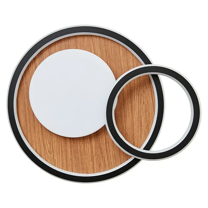 Brilliant LED-Deckenleuchte Karney - 48 W, L x B x H: 57 x 39,4 x 8 cm, Braun, Warmweiß - Moderne Wandleuchte mit Holzstruktur, weißer Scheibe und schwarzen Akzentringen für stilvolle Beleuchtung im Raum.
