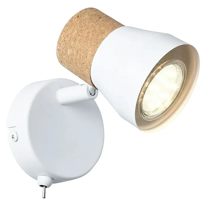 Brilliant Moka Wandstrahler - 10 W, L x B x H: 13,5 x 8 x 9 cm, Weiß, GU10, 1 Stk. - Nahaufnahme einer weißen Wandleuchte mit Korkakzent, die modernes Design und natürliche Materialien vereint.