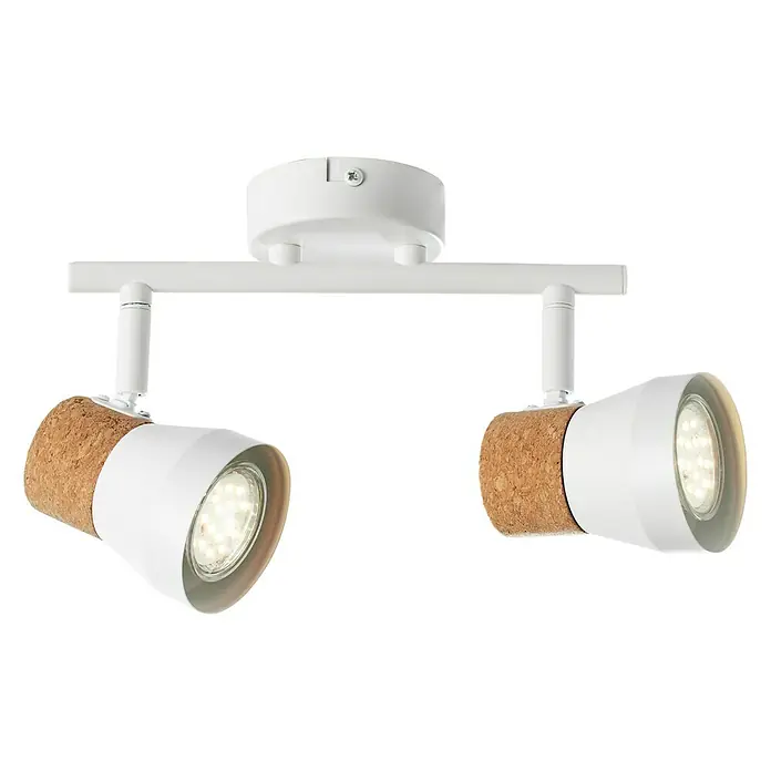 Brilliant Moka Wandstrahler - 10 W, L x B x H: 30 x 8 x 16 cm, Weiß, GU10, 2 Stk. - Eine moderne Deckenleuchte mit zwei Strahlern. Die Strahler haben einen weißen Korpus und Kork-Akzente, die ein warmes Licht erzeugen.