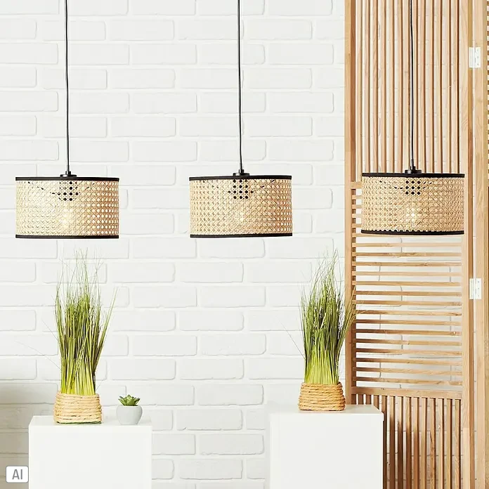 Brilliant Wiley Pendelleuchte - 52 W, L x B x H: 25 x 110 x 120 cm, Schwarz, E27 - Drei dekorative Rattan-Hängelampen mit schwarzem Rand, die eine warme und einladende Atmosphäre schaffen.