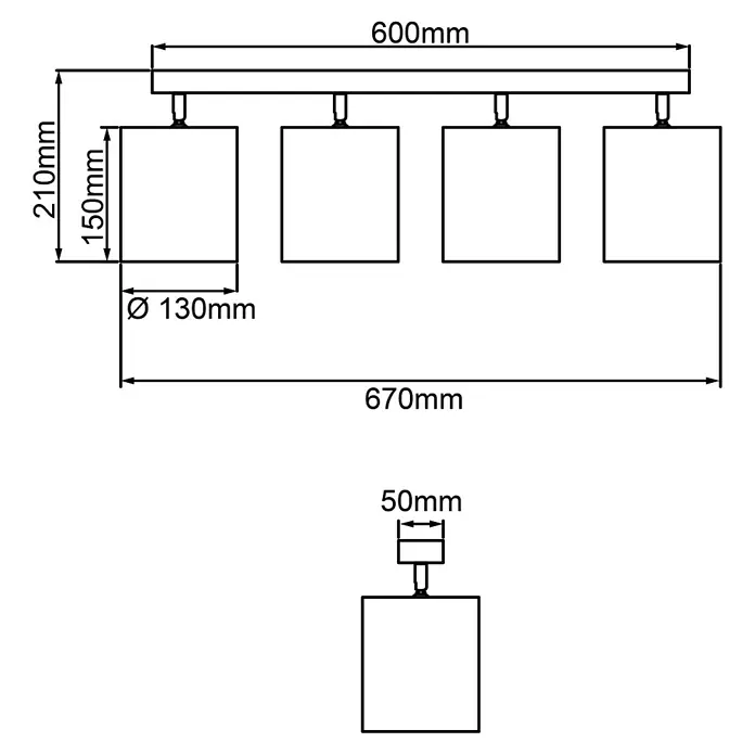 Brilliant Wiley Deckenstrahler - 42 W, L x B x H: 13 x 67 x 21 cm, Schwarz, E14, 4 Stk. - Technische Zeichnung der Deckenleuchte mit vier quadratischen Lampenschirmen und Maßangaben für Montage und Abmessungen.