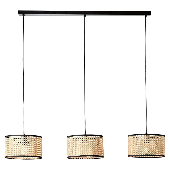 Brilliant Wiley Pendelleuchte - 52 W, L x B x H: 25 x 110 x 120 cm, Schwarz, E27 - Elegante Hängelampe mit drei Rattanschattierungen, die warmes Licht spenden und jedem Raum eine natürliche Note verleihen. Stilvolle Beleuchtungslösung.