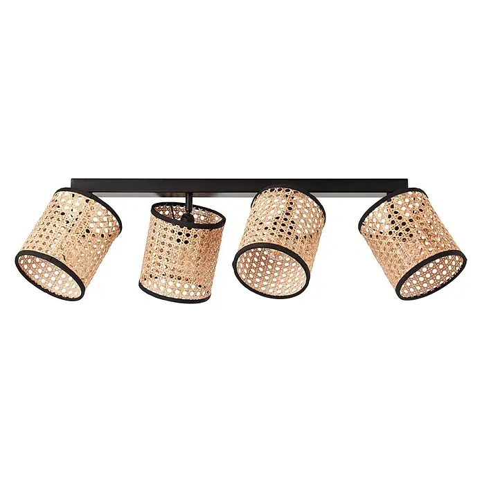 Brilliant Wiley Deckenstrahler - 42 W, L x B x H: 13 x 67 x 21 cm, Schwarz, E14, 4 Stk. - Nahaufnahme einer Deckenleuchte mit vier Lampenschirmen aus Rattan, die an einer schwarzen Stange befestigt sind.
