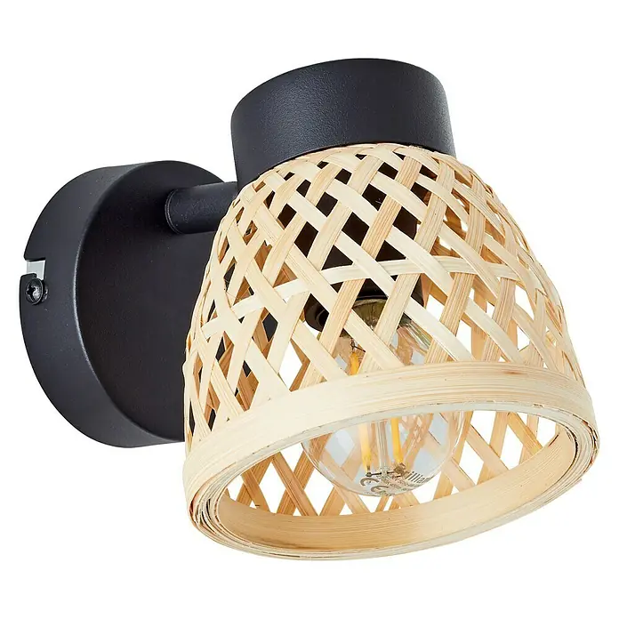 Brilliant Elize Deckenstrahler - 28 W, L x B x H: 18 x 10,5 x 15,5 cm, Schwarz-matt/Bambus, E14, 1 Stk. - Elegante Wandleuchte mit schwarzer Halterung und einem Lampenschirm aus geflochtenem Holz, die jedem Raum einen Hauch von natürlicher Wärme verleiht.