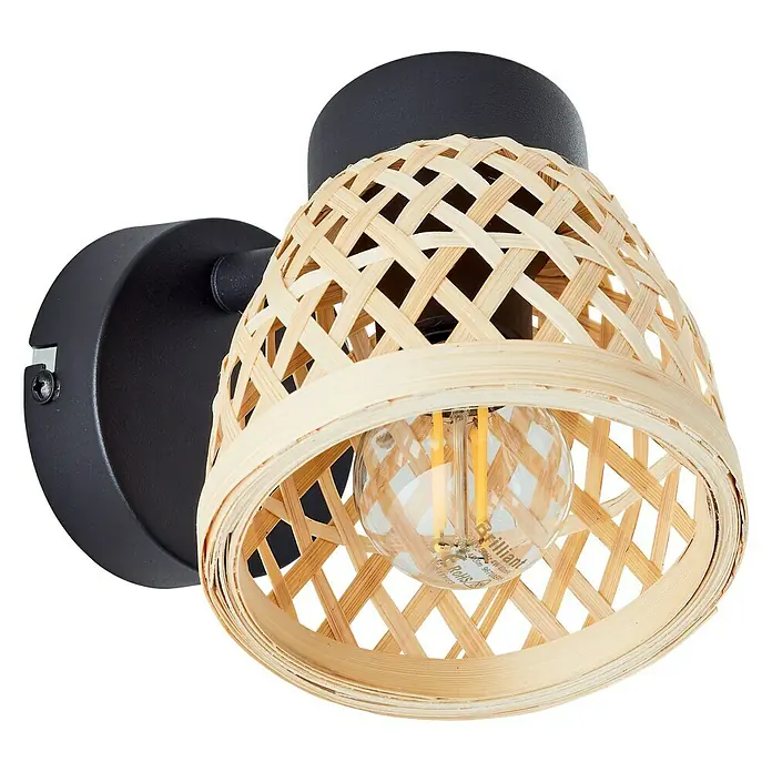 Brilliant Elize Deckenstrahler - 28 W, L x B x H: 18 x 10,5 x 15,5 cm, Schwarz-matt/Bambus, E14, 1 Stk. - Elegante Wandleuchte mit einem Schirm aus geflochtenem Holz, die ein warmes Licht in jeden Raum bringt.