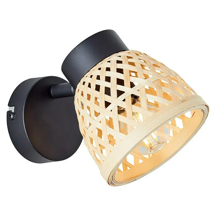 Brilliant Elize Deckenstrahler - 28 W, L x B x H: 18 x 10,5 x 15,5 cm, Schwarz-matt/Bambus, E14, 1 Stk. - Elegante Wandleuchte mit einem schwarzen Metallsockel und einem Lampenschirm aus hellem, gewebtem Holz, die eine warme Atmosphäre erzeugt.