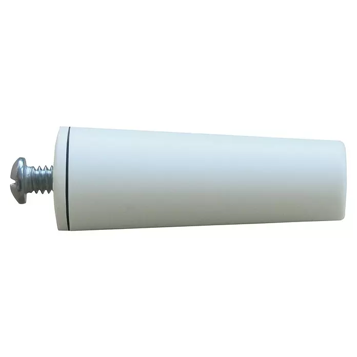 Schellenberg Tope de cierre para persiana - Blanco, Largo: 60 mm - Un tornillo metálico está parcialmente insertado en un objeto cilíndrico o tubular blanco.