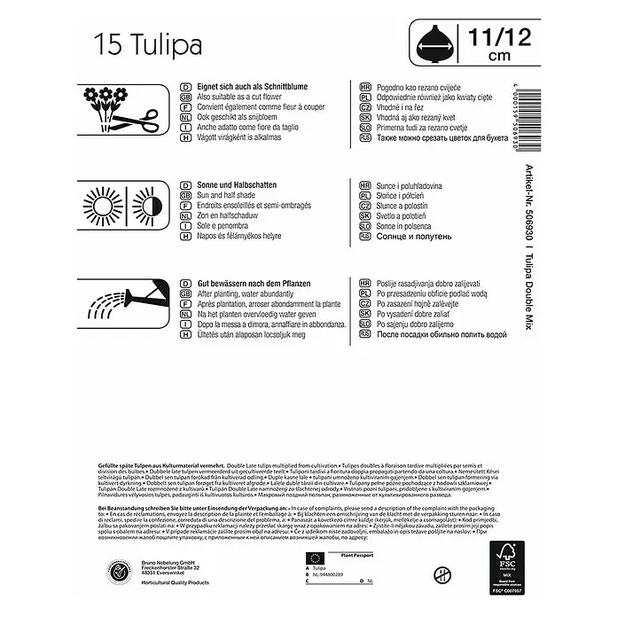 Kiepenkerl Blumenzwiebeln Tulpe 'Gefüllter Mix' - Tulipa x hybride - Produktverpackung für 15 Tulipa Double Mix Blumenzwiebeln, geeignet als Schnittblume, mit Pflanz- und Pflegehinweisen.