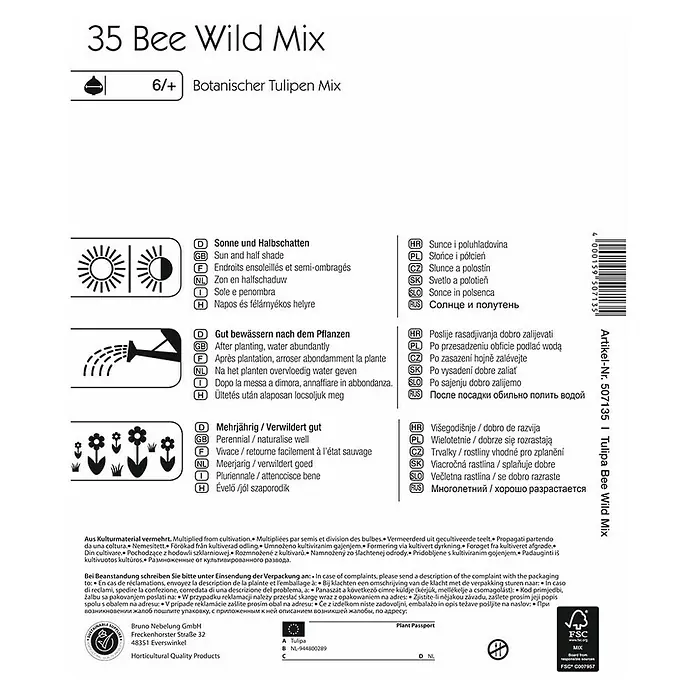 Kiepenkerl Blumenzwiebeln Bee Wild Mix - Tulipa in Arten, 35 Stk. - Produktbild der 35 Bee Wild Mix Tulpenmischung, ideal für naturnahe Gärten mit sonnigen bis halbschattigen Standorten.