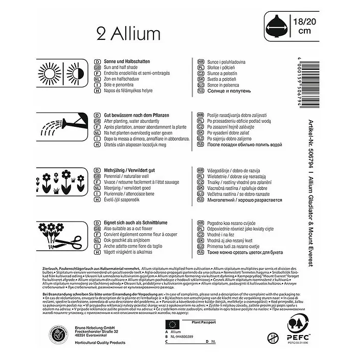 Kiepenkerl Blumenzwiebeln Zierlauch Blau & Weiß - Allium, 2 Stk. - Produktetikett für Allium Gladiator & Mount Everest mit Anbauhinweisen zu Standort, Bewässerung und Verwendung als Schnittblume.