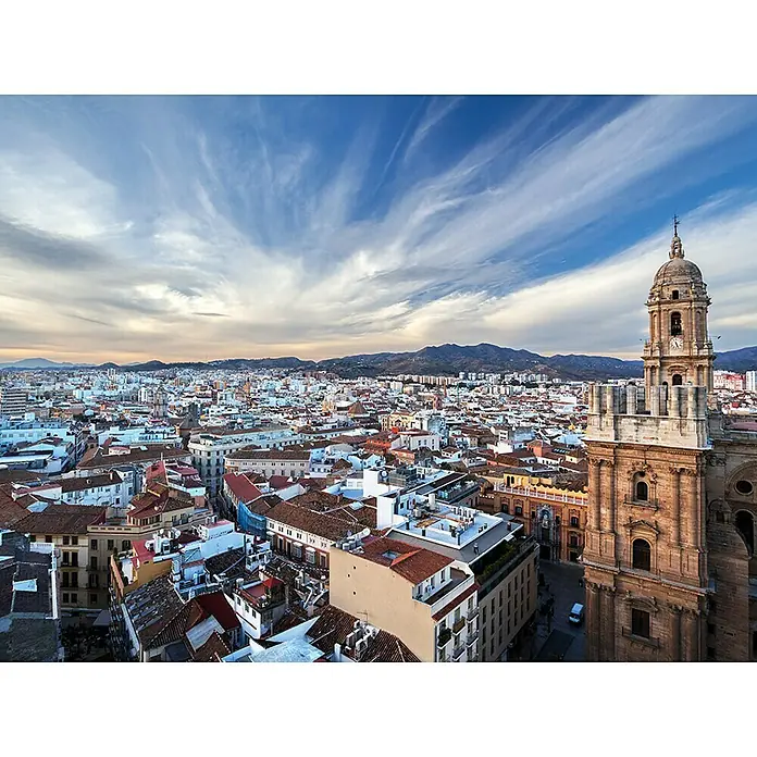 Póster Málaga - Vista Aerea Catedral, An x Al: 80 x 60 cm - Vista panorámica de Málaga con la catedral y los tejados de la ciudad bajo un cielo nublado.