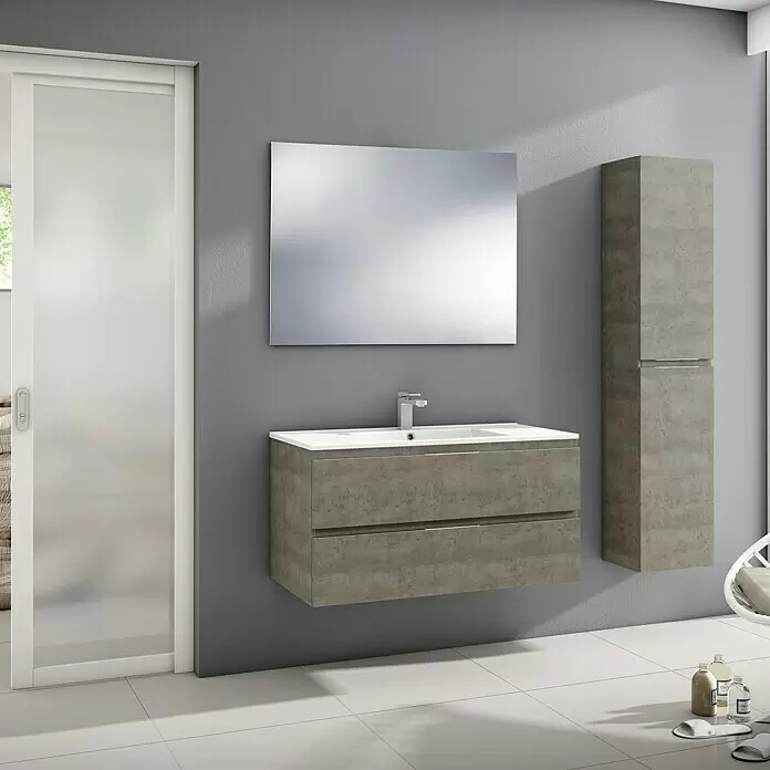 Conjunto de mueble de baño Módena - Nebraska gris, 3 pzs. - Mueble de baño moderno gris efecto cemento con lavabo integrado, espejo y columna de almacenamiento a juego en un baño contemporáneo.
