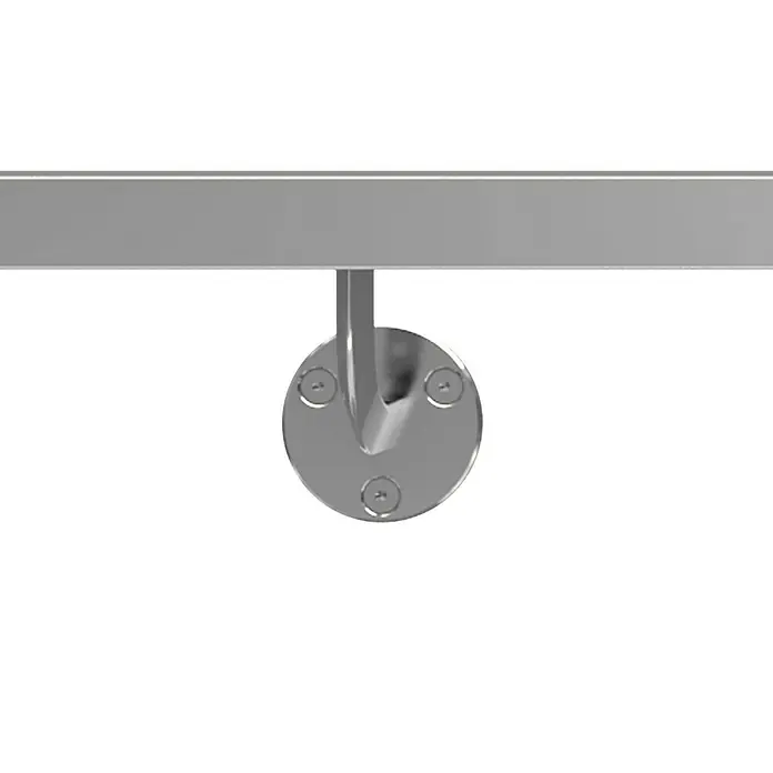 Dolle Handlauf-Set PS 303 - Aluminium, Dark Grey, Eckig, Länge: 150 cm - Nahaufnahme einer silbernen Geländerbefestigung mit runder Basis und drei Schrauben, die eine glatte Metallstange hält.