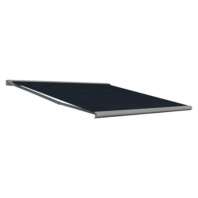 Deyo Limassol Vollkassettenmarkise - Dunkelgrau, Farbe Gestell: Weißaluminium Feinstruktur, Breite: 5 m, Ausfall: 3,5 m - Markise mit grauem Rahmen und schwarzem Stoff. Ideal für Schatten und Schutz vor der Sonne auf Terrassen oder Balkonen.