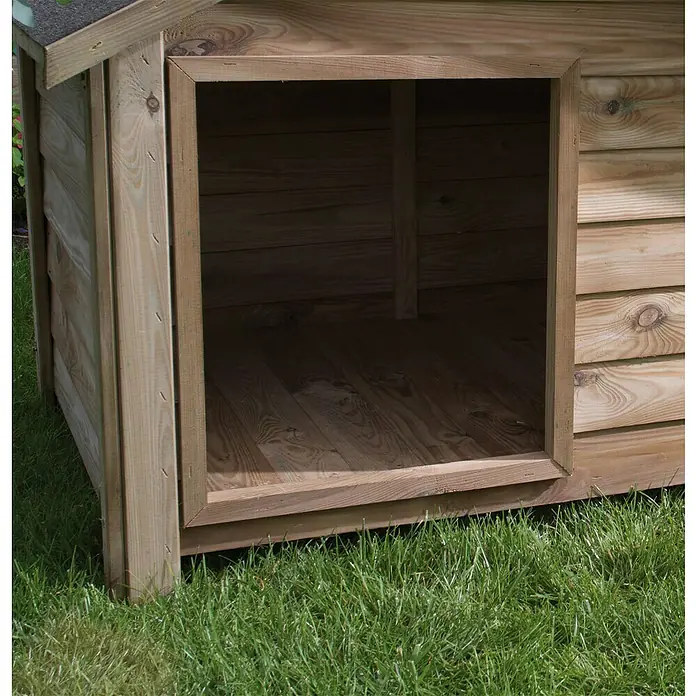 Cerland Caseta para perro Willow M - 114 x 120 x 100 cm, Madera, Natural, 120 x 114 x 100 cm - Vista detallada de una robusta caseta de perro de madera con una amplia abertura de puerta, ideal para el jardín y la comodidad de tu mascota.