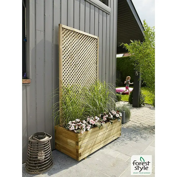 Cerland Celosía para exterior Clematite - 90 x 180 m, Madera, Natural - Jardinera de madera con celosía, plantada con flores y hierbas, adosada a la pared de una casa. Diseño de jardín decorativo con encanto natural.