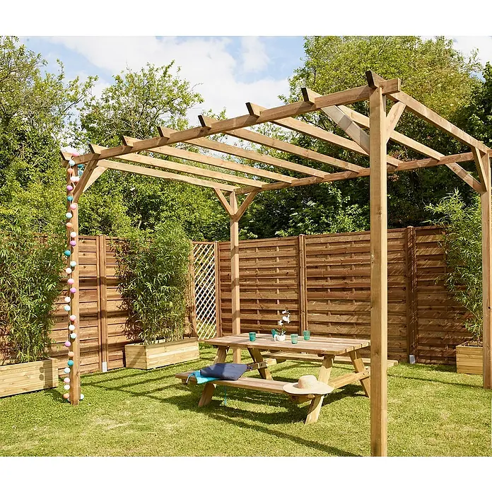 Cerland Pérgola estándar Magdalie - L x An x Al: 400 x 300 x 249 cm, Natural - Una pérgola de madera con mesa y bancos en el jardín. Perfecto para relajarse al aire libre.