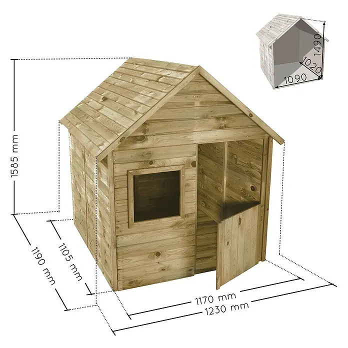 Soulet Spielhaus Marina - L x B x H: 123 x 119 x 158,5 cm, Holz, Natur - Abbildung eines unbehandelten Holzspielhauses mit Maßangaben, das die Abmessungen hervorhebt.