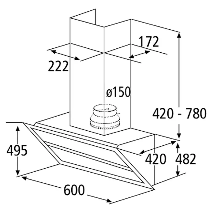 Schräghaube - Breite: 60 cm, Max. Gebläseleistung Abluftbetrieb: 597 m³/h, Schwarz - Schemazeichnung einer Dunstabzugshaube mit Maßangaben zu Höhe, Breite und Durchmesser für Installationszwecke.