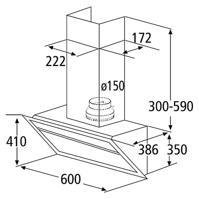 Wolkenstein Schräghaube W S5-60 AWTZ - Breite: 60 cm, Max. Gebläseleistung Abluftbetrieb: 623 m³/h, Weiß - Technische Zeichnung einer Dunstabzugshaube mit Maßangaben zu Breite, Höhe und Tiefe.