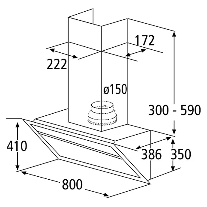 Wolkenstein Schräghaube W S5-80 ABTZ - Breite: 80 cm, Max. Gebläseleistung Abluftbetrieb: 623 m³/h, Schwarz - Abbildung einer Dunstabzugshaube mit Maßen, die die Größe und Abmessungen des Produkts zeigen.