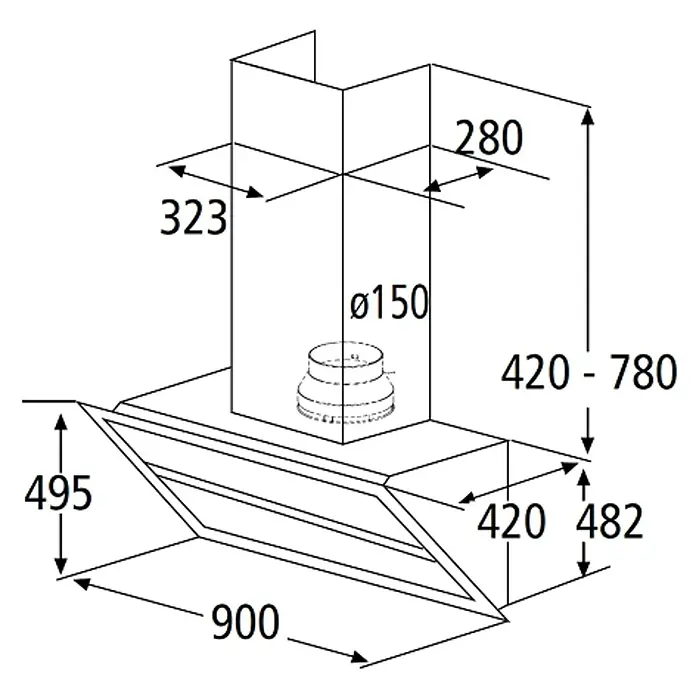 Wolkenstein Schräghaube W S4-90A++BTZ - Breite: 90 cm, Max. Gebläseleistung Abluftbetrieb: 558 m³/h, Schwarz - Ansicht einer Dunstabzugshaube mit Maßangaben, die die Abmessungen des Produkts hervorheben.